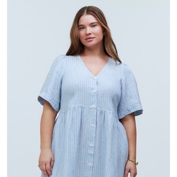 Madewell Cassie Button-Front Midi Dress in Linen - powder blue 2X Flowy Roomy - Picture 4 of 9